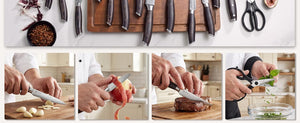 PAUDIN 17 PCS Kitchen Knife Set, Razor Sharp Knife Block Sets, Ideal Gifts - Elegant Kitchen Knife Set with Block, Knife Set with Built-in Sharpener, Dishwasher Safe
