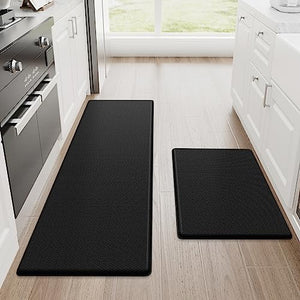 StepRite Kitchen Mats for Floor, 2-Piece Anti-Fatigue Kitchen Rugs, Black - 17.3" x 30" + 17.3" x 47", cushioned comfort, water-resistant, easy to clean, non-slip bottom, kitchen floor, standing desk