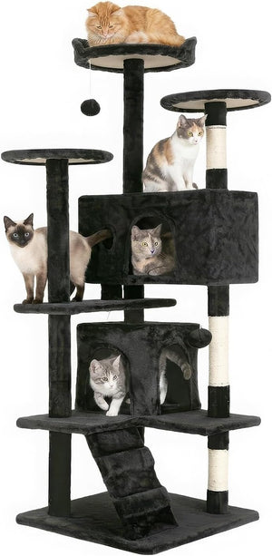 FDW - 54" Cat Tree Tower - Dark Gray - Multi-Level Indoor Activity Center - with Sisal Scratching Posts, Condos, Plush Perches, Hanging Cat Toys - Sturdy, Easy to Assemble - for Kittens & Adult Cats