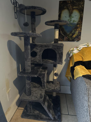 FDW - 54" Cat Tree Tower - Dark Gray - Multi-Level Indoor Activity Center - with Sisal Scratching Posts, Condos, Plush Perches, Hanging Cat Toys - Sturdy, Easy to Assemble - for Kittens & Adult Cats