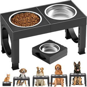 XIAZ Elevated Dog Bowls Large Breed Raised Dogs Bowl Stand Large/Medium Sized Dog Stainless Steel Food Water Bowl Stands 5 Heights Adjustable 9/11/12/14in Black Pet Feeder Dish Station