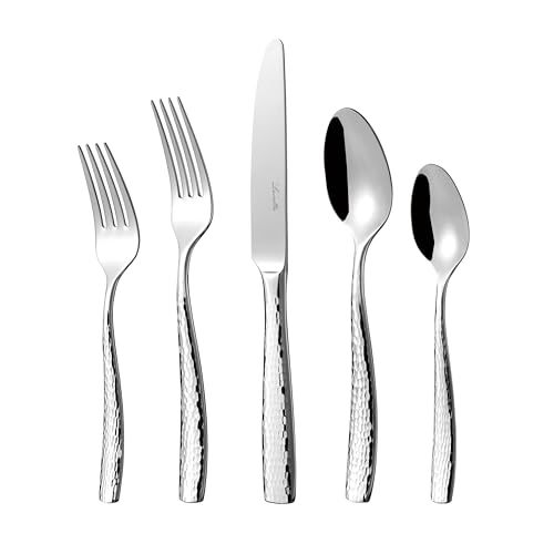 LUCIELLA 45-Piece Hammered 18/10 Forged Silverware Set and serving utensils - Stainless Steel Flatware Set, Dishwasher Safe, Service for 8, Forks and Spoons, Gift-ready Packaging for Housewarming (Ponza)