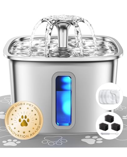 Veken Innovation Award Winner Stainless Steel Cat Water Fountain, 108oz - Automatic Pet Fountain Dog Water Dispenser with 3 Replacement Filters & Silicone Mat, Gifts for Cats, Dogs (Silver)