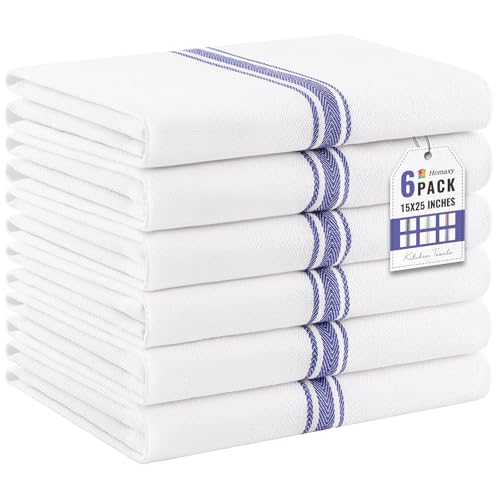 Homaxy 100% Ring Spun Cotton Kitchen Towels 6 Pack, Blue Stripe - 15 x 25 Inch, Highly Absorbent Dish Towels for Kitchen Drying, Reusable Cleaning Cloths, Soft Tea Towels with Hanging Loop