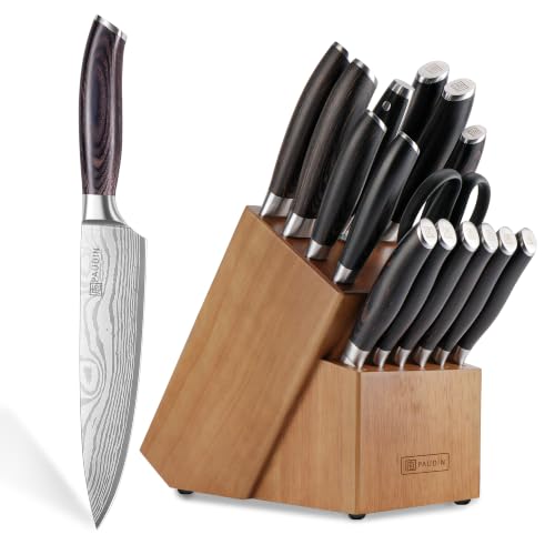 PAUDIN 17 PCS Kitchen Knife Set, Razor Sharp Knife Block Sets, Ideal Gifts - Elegant Kitchen Knife Set with Block, Knife Set with Built-in Sharpener, Dishwasher Safe