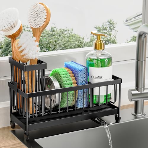 Cisily Sponge Holder for Kitchen Sink, Sink Organizer with Brush Holder - Kitchen Countertop Organizers and Storage Essentials, Rustproof 304 Stainless Steel (Black, 9.25″)