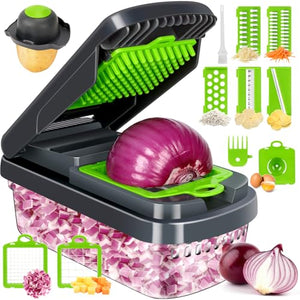 Yusshn Vegetable Chopper, 12-in-1 Food Veggie Chopper Cutter with Container - 7 Sharp Blades Dice, Slice, Shred and Grate for Salads, Onions and Meal Prep, with a Non-Slip Base and Drain Basket
