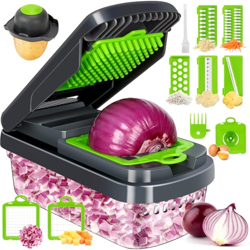 Yusshn Vegetable Chopper, 12-in-1 Food Veggie Chopper Cutter with Container - 7 Sharp Blades Dice, Slice, Shred and Grate for Salads, Onions and Meal Prep, with a Non-Slip Base and Drain Basket