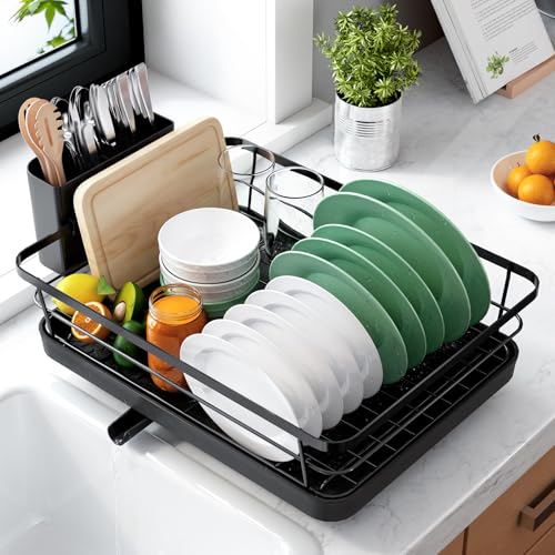 Kitsure Dish Drying Rack for Kitchen Counter, 12''W x 15.5''L, Black - Stainless Steel Sink Organization, Cutlery Holder, Home and Appartment Decor