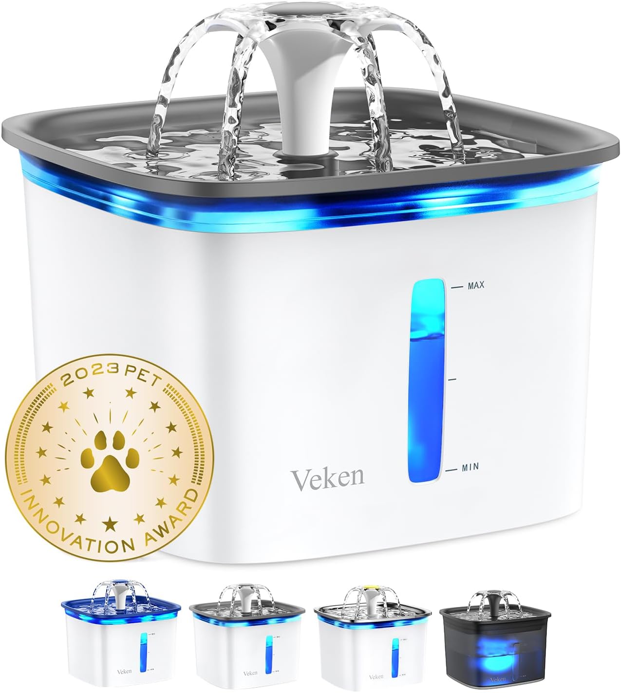 Veken Innovation Award Winner 95oz/2.8L Cat Water Fountain - Automatic Pet Fountain Dog Water Dispenser with Replacement Filters & Silicone Mat, Gift for Cats, Dogs (Grey, Plastic)