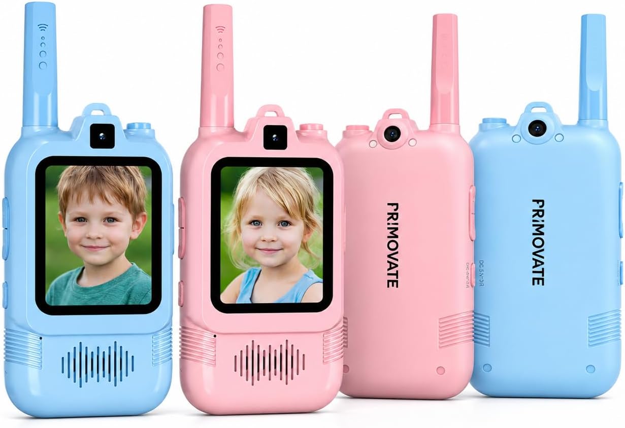 Kids Video Walkie Talkies 2 Pack with Dual Camera, 2-Way Smartphone-Style Toy for Boys & Girls, Voice Chat & Photo Capture – 150–500m Range, Fun Voice Effects, Instant Auto Pairing