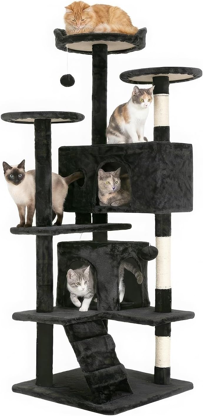 FDW - 54" Cat Tree Tower - Dark Gray - Multi-Level Indoor Activity Center - with Sisal Scratching Posts, Condos, Plush Perches, Hanging Cat Toys - Sturdy, Easy to Assemble - for Kittens & Adult Cats