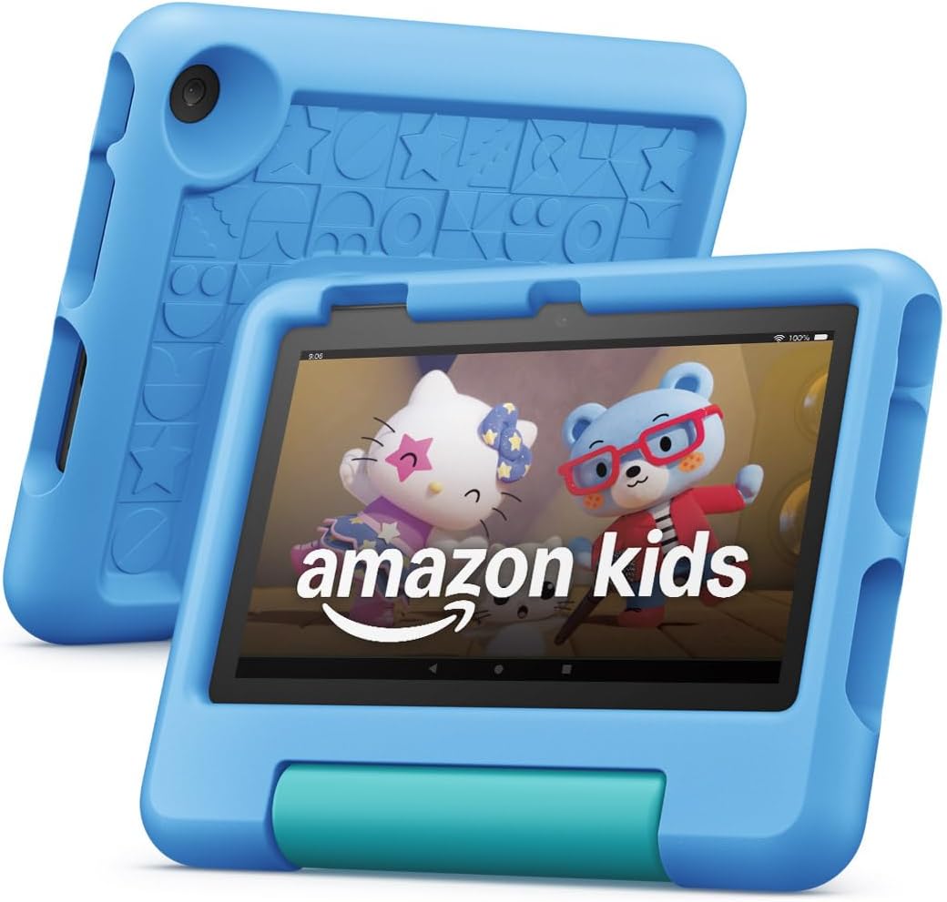 Amazon Fire 7 Kids tablet, ages 3-7. Top-selling 7" kids tablet on Amazon. Includes ad-free and exclusive content, easy parental controls, 10-hr battery, 16 GB, Blue