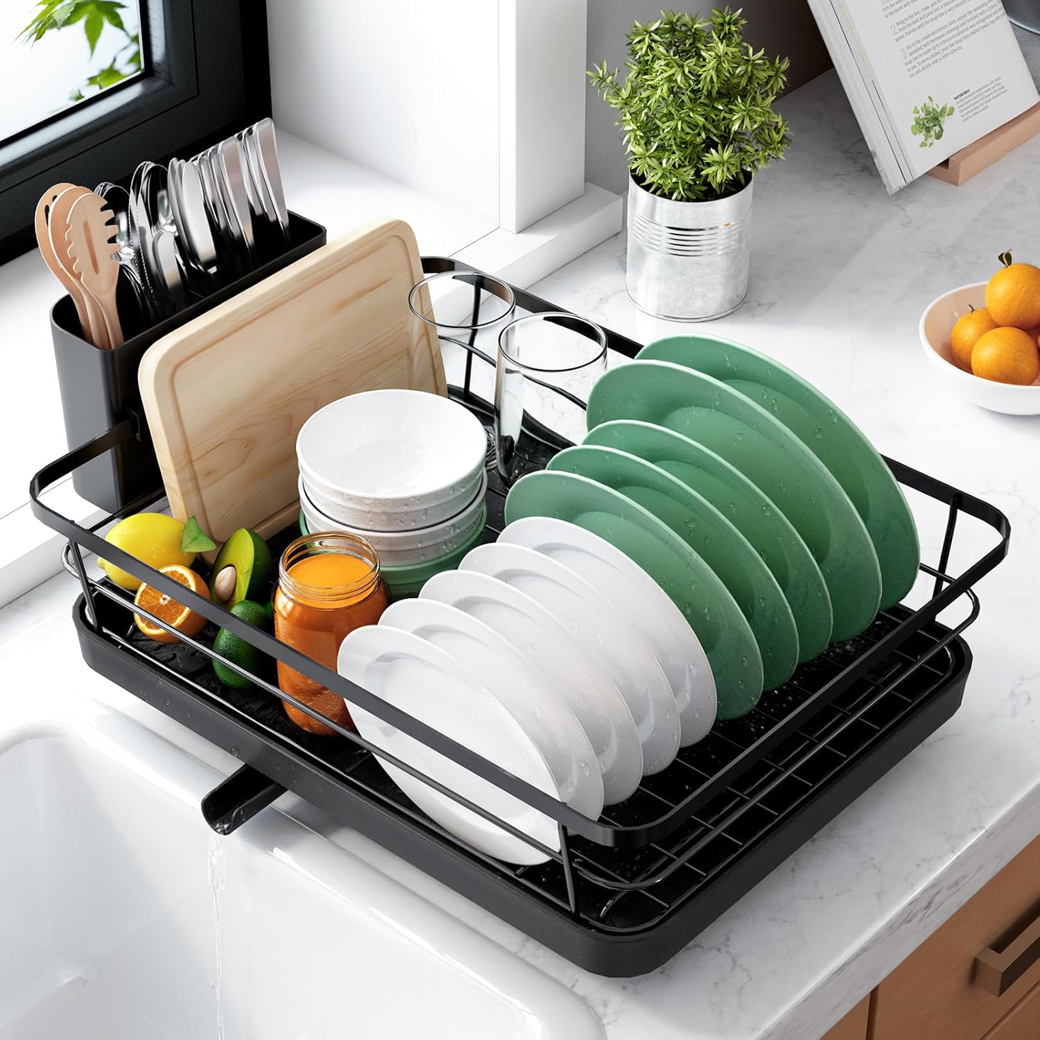 Kitsure Dish Drying Rack for Kitchen Counter, 12''W x 15.5''L, Black - Stainless Steel Sink Organization, Cutlery Holder, Home and Appartment Decor