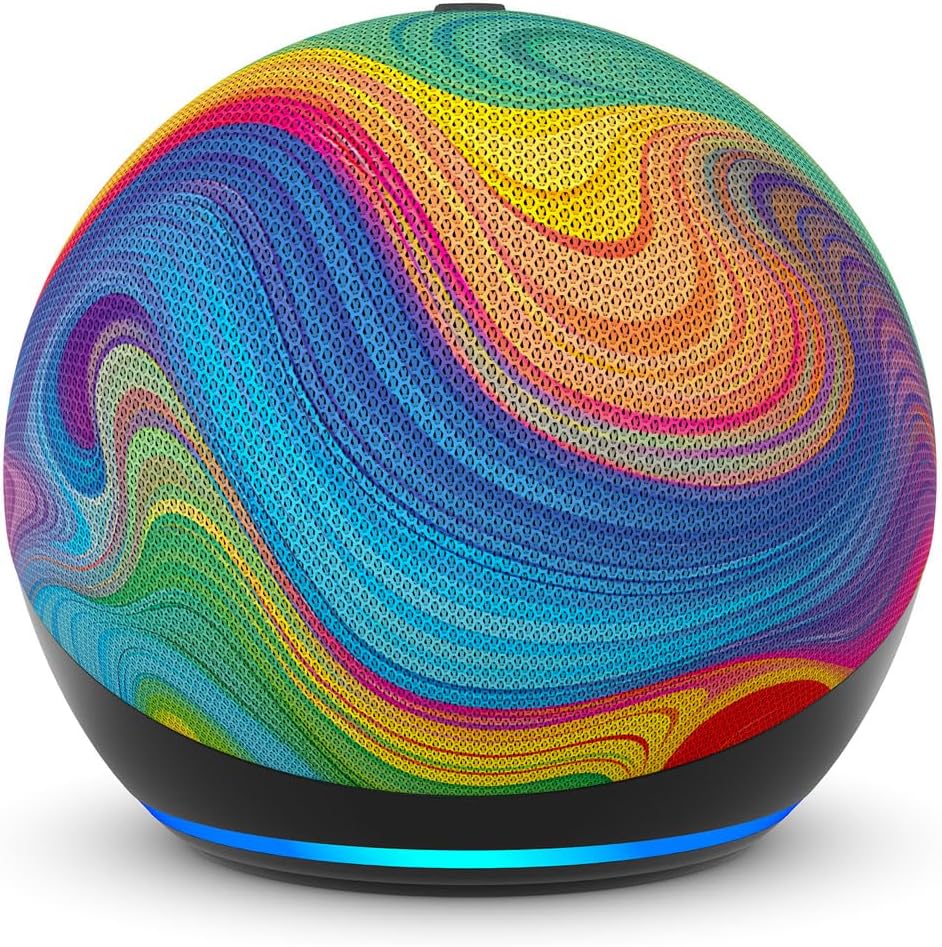 Amazon Echo Dot Kids (newest model), Smart speaker to enjoy age-appropriate audiobooks, sleep routines and Alexa+ experiences to create and learn, Rainbow Swirl design