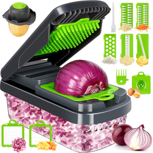 Yusshn Vegetable Chopper, 12-in-1 Food Veggie Chopper Cutter with Container - 7 Sharp Blades Dice, Slice, Shred and Grate for Salads, Onions and Meal Prep, with a Non-Slip Base and Drain Basket