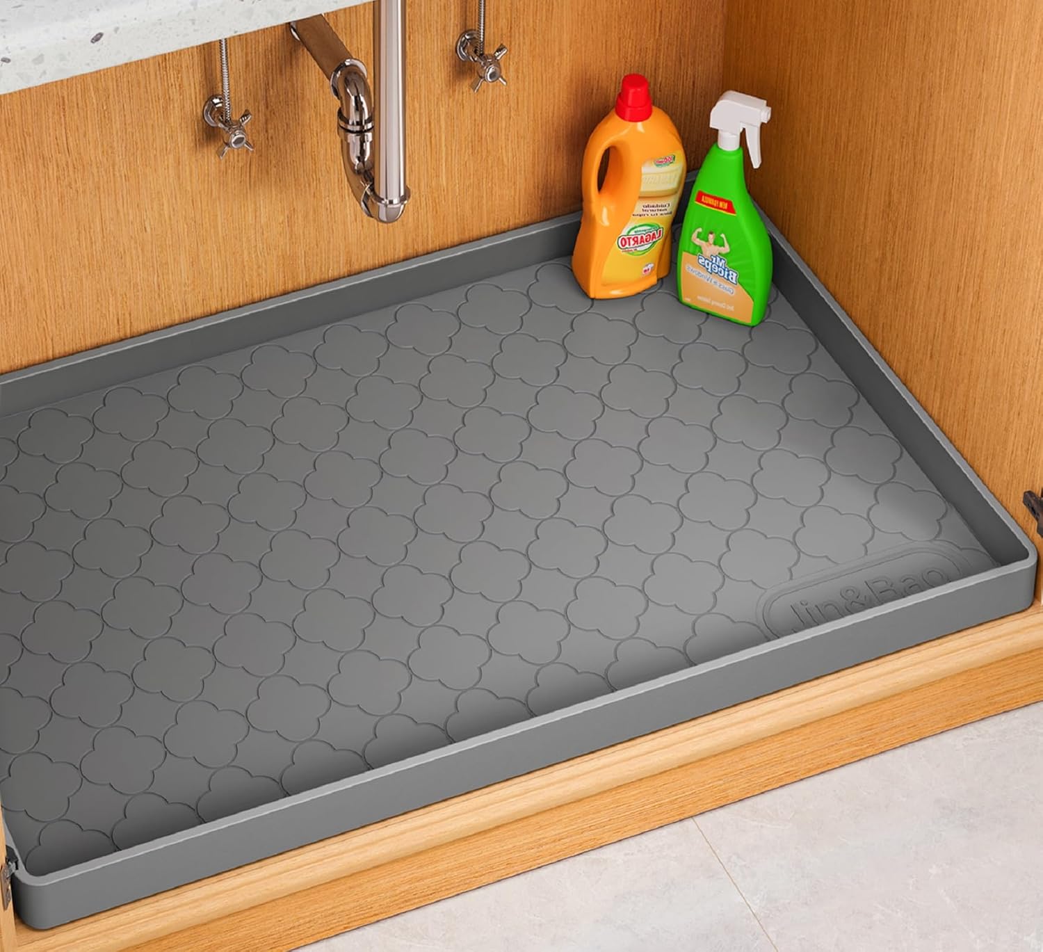 Jin&Bao Under Sink Mat 34" x 22" Waterproof Silicone Cabinet Kitchen Liner - Silicone kitchen cabinet protector, bathroom shelf liner, raised edge traps leaks, anti-slip, easy to clean & dishwasher safe
