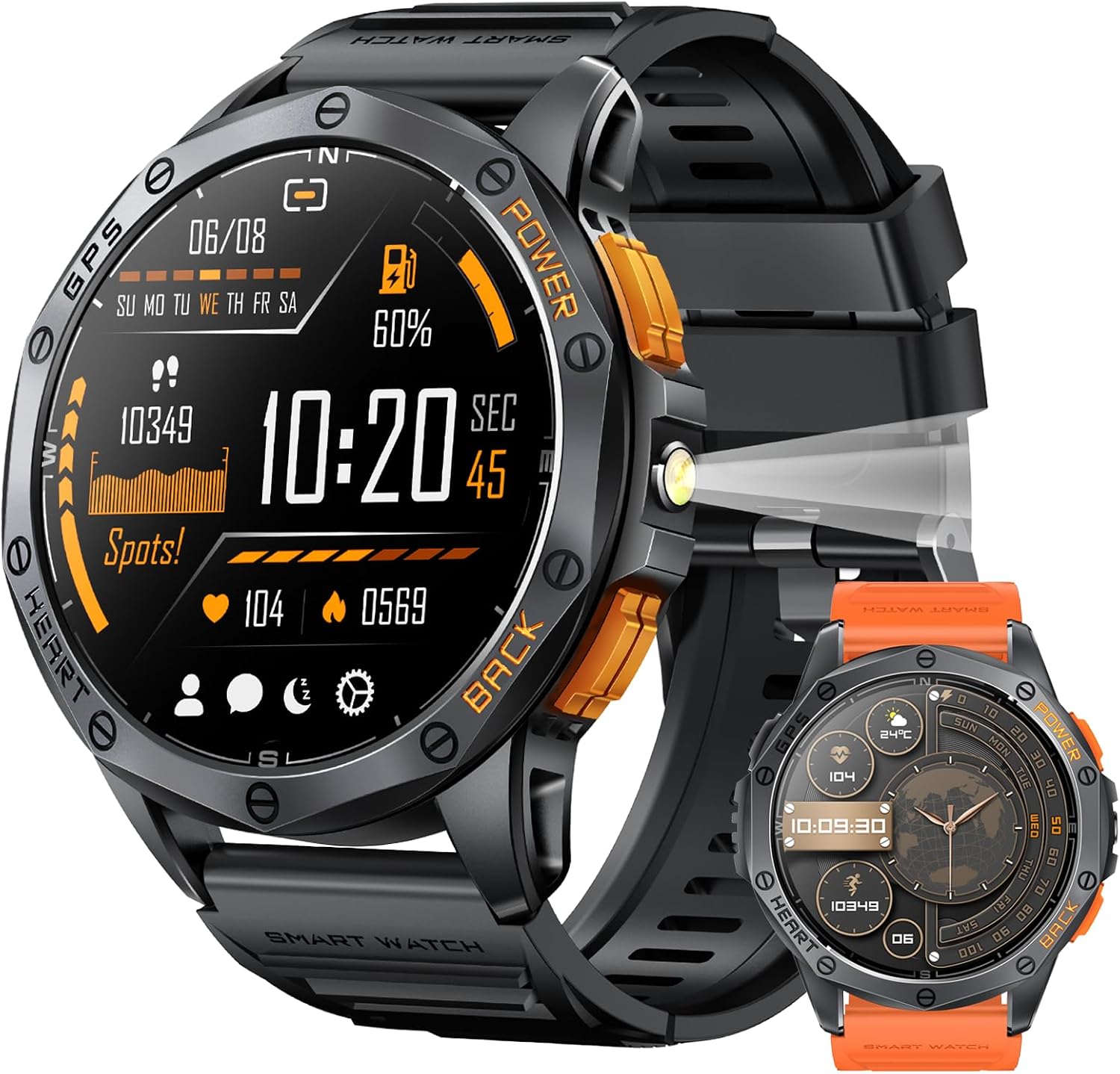 Tiwain Military Smart Watch for Men, Built-in GPS, 30-day standby, 1.43" AMOLED - Compass & Altimeter for outdoors，Tactical flashlight, 170+ Sport Modes & Bluetooth Calls. iOS/Android Compatible.