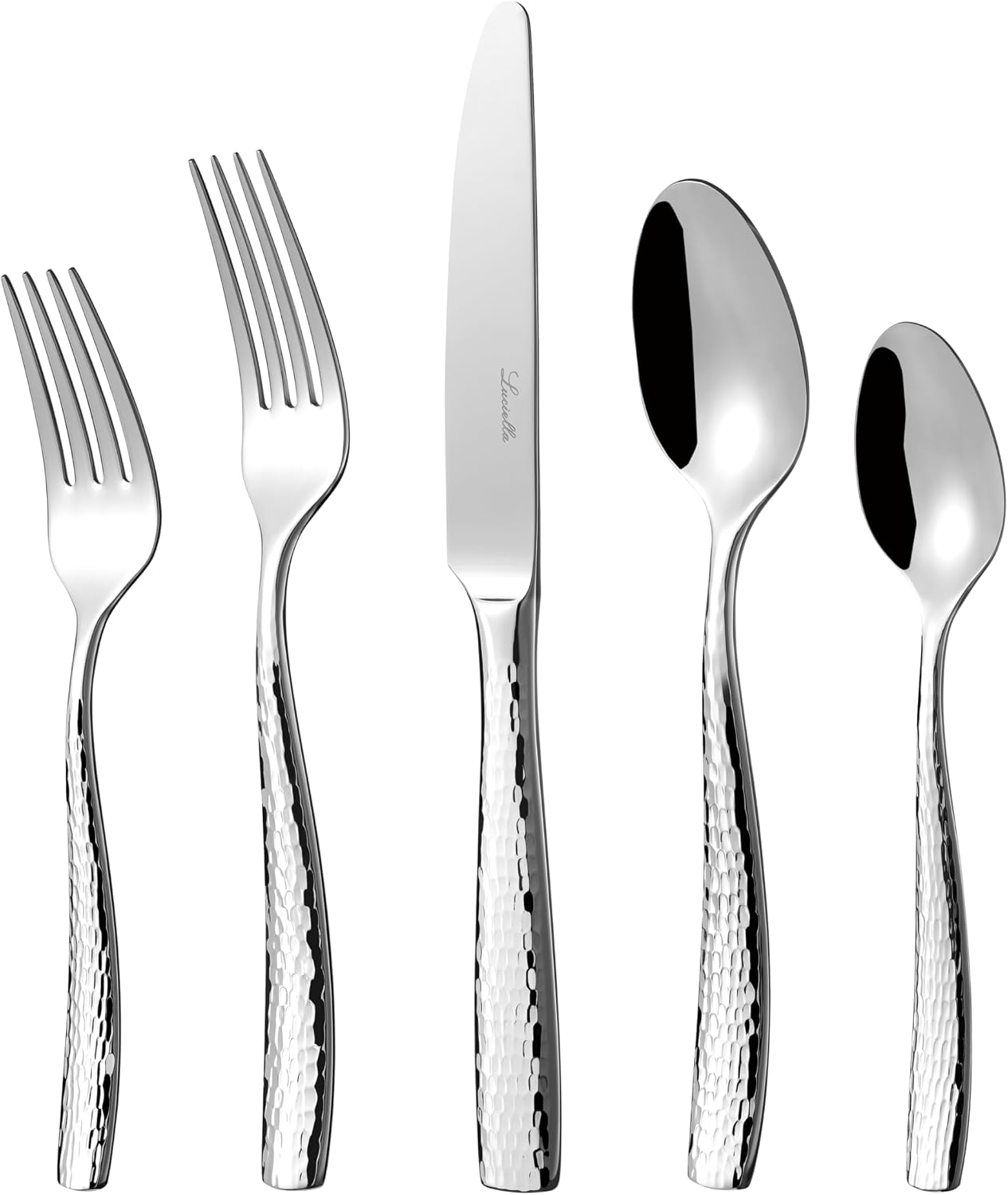 LUCIELLA 45-Piece Hammered 18/10 Forged Silverware Set and serving utensils - Stainless Steel Flatware Set, Dishwasher Safe, Service for 8, Forks and Spoons, Gift-ready Packaging for Housewarming (Ponza)