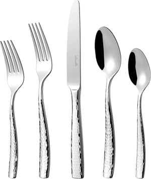 LUCIELLA 45-Piece Hammered 18/10 Forged Silverware Set and serving utensils - Stainless Steel Flatware Set, Dishwasher Safe, Service for 8, Forks and Spoons, Gift-ready Packaging for Housewarming (Ponza)