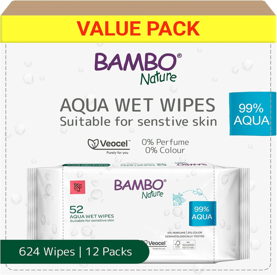 Bambo Nature Aqua Wet Wipes – 12 Packs | 624 Wipes | 99% Water | Sensitive & Newborn Skin