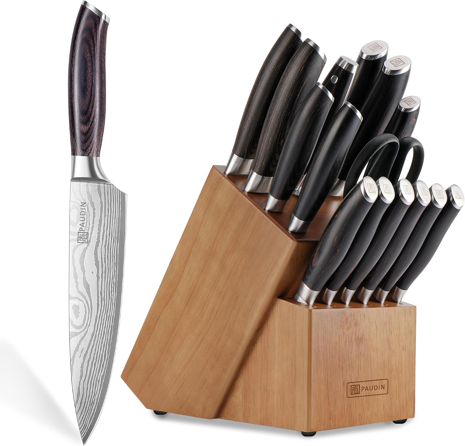PAUDIN 17 PCS Kitchen Knife Set, Razor Sharp Knife Block Sets, Ideal Gifts - Elegant Kitchen Knife Set with Block, Knife Set with Built-in Sharpener, Dishwasher Safe