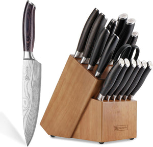 PAUDIN 17 PCS Kitchen Knife Set, Razor Sharp Knife Block Sets, Ideal Gifts - Elegant Kitchen Knife Set with Block, Knife Set with Built-in Sharpener, Dishwasher Safe