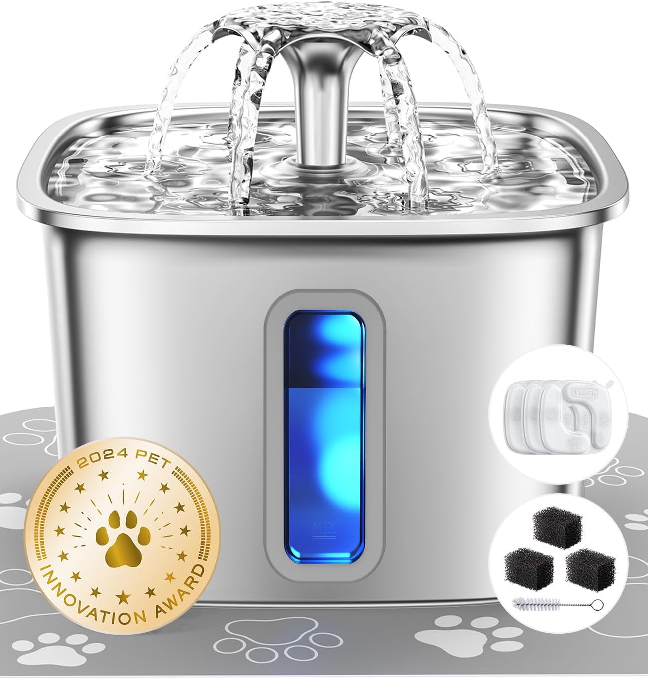 Veken Innovation Award Winner Stainless Steel Cat Water Fountain, 108oz - Automatic Pet Fountain Dog Water Dispenser with 3 Replacement Filters & Silicone Mat, Gifts for Cats, Dogs (Silver)