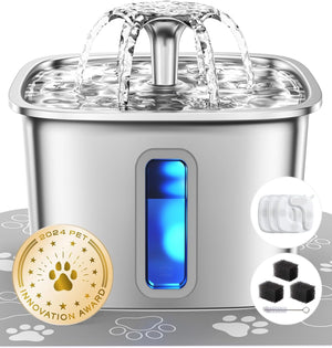 Veken Innovation Award Winner Stainless Steel Cat Water Fountain, 108oz - Automatic Pet Fountain Dog Water Dispenser with 3 Replacement Filters & Silicone Mat, Gifts for Cats, Dogs (Silver)