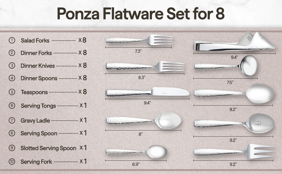 LUCIELLA 45-Piece Hammered 18/10 Forged Silverware Set and serving utensils - Stainless Steel Flatware Set, Dishwasher Safe, Service for 8, Forks and Spoons, Gift-ready Packaging for Housewarming (Ponza)