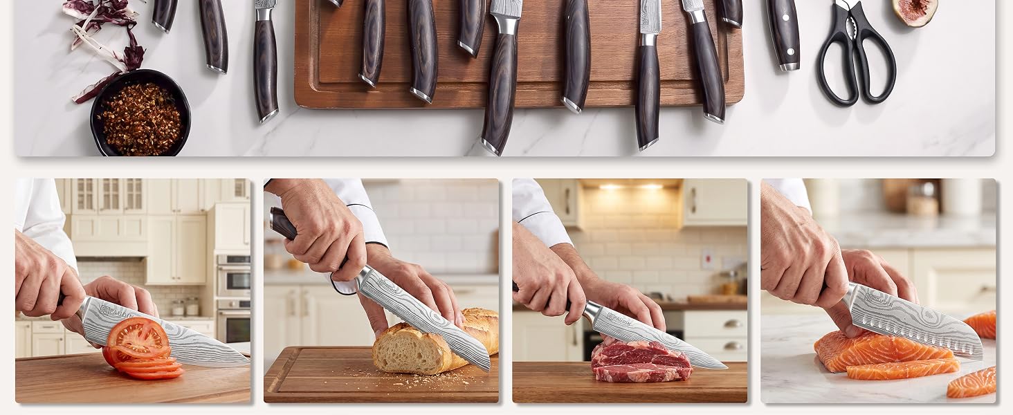 PAUDIN 17 PCS Kitchen Knife Set, Razor Sharp Knife Block Sets, Ideal Gifts - Elegant Kitchen Knife Set with Block, Knife Set with Built-in Sharpener, Dishwasher Safe