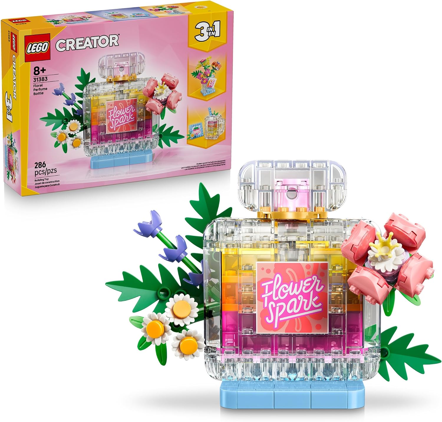 LEGO Creator 3 in 1 Floral Decor Perfume Bottle 31383 - Building Toys for Girls & Boys, Ages 8+, 3 Building Options, Bedroom or Desk Decor, 286 pieces, Gift for Birthdays