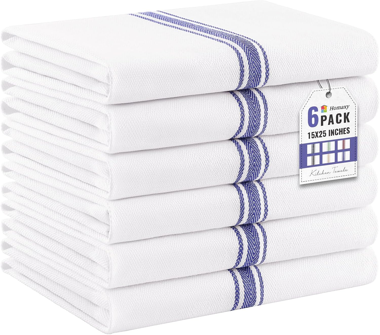 Homaxy 100% Ring Spun Cotton Kitchen Towels 6 Pack, Blue Stripe - 15 x 25 Inch, Highly Absorbent Dish Towels for Kitchen Drying, Reusable Cleaning Cloths, Soft Tea Towels with Hanging Loop
