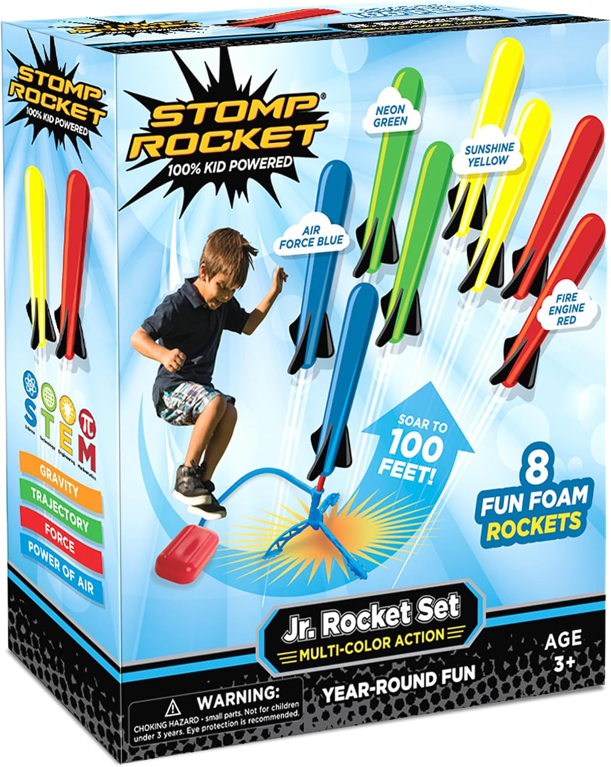 Stomp Rocket Jr Multi-Color Rocket Launcher for Kids, 8 Rockets - Fun Outdoor Toys for Boys & Girls, Ages 3 & Up - Soft Foam Blaster Set Soars Up to 100ft - STEM Toys for Outside & Backyard