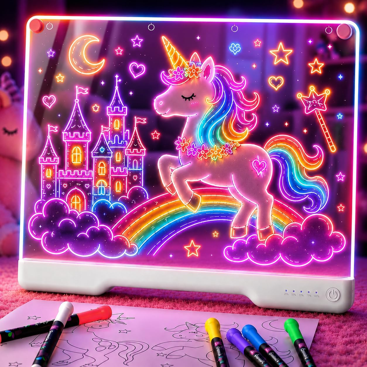 Geokay 16" Rechargeable LED Drawing Board with 9-Color Light Effects - Birthday & Christmas Gift Idea for Girls/Boys/Kids/Teens, Doodle Neon Glow Pad with Built-in Stand Tracing Book & 7 Markers