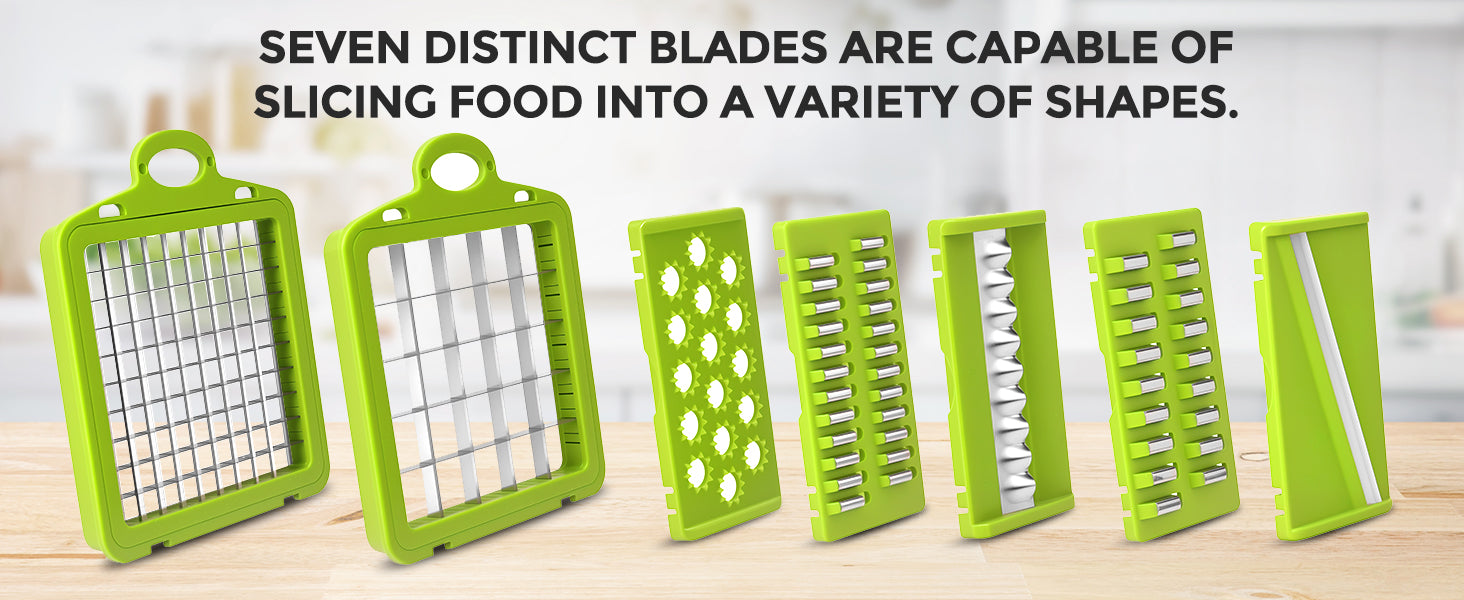 Yusshn Vegetable Chopper, 12-in-1 Food Veggie Chopper Cutter with Container - 7 Sharp Blades Dice, Slice, Shred and Grate for Salads, Onions and Meal Prep, with a Non-Slip Base and Drain Basket