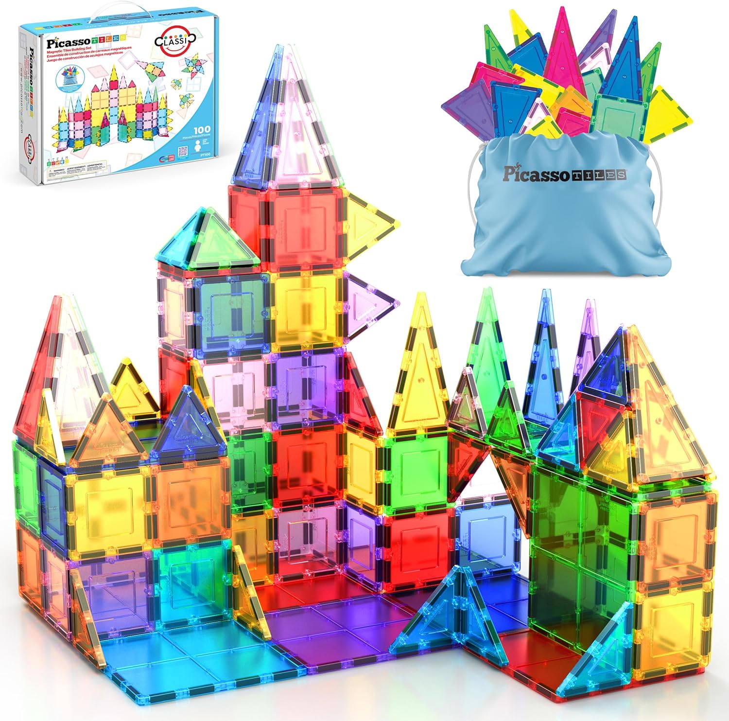 PicassoTiles 100 Piece Magnetic Tiles, Clear 3D Building Blocks for Kids 3+ - No-limit scalable builds, hands-on magnet polarity fun, family group play, quick assemble & store, shape & color recognition