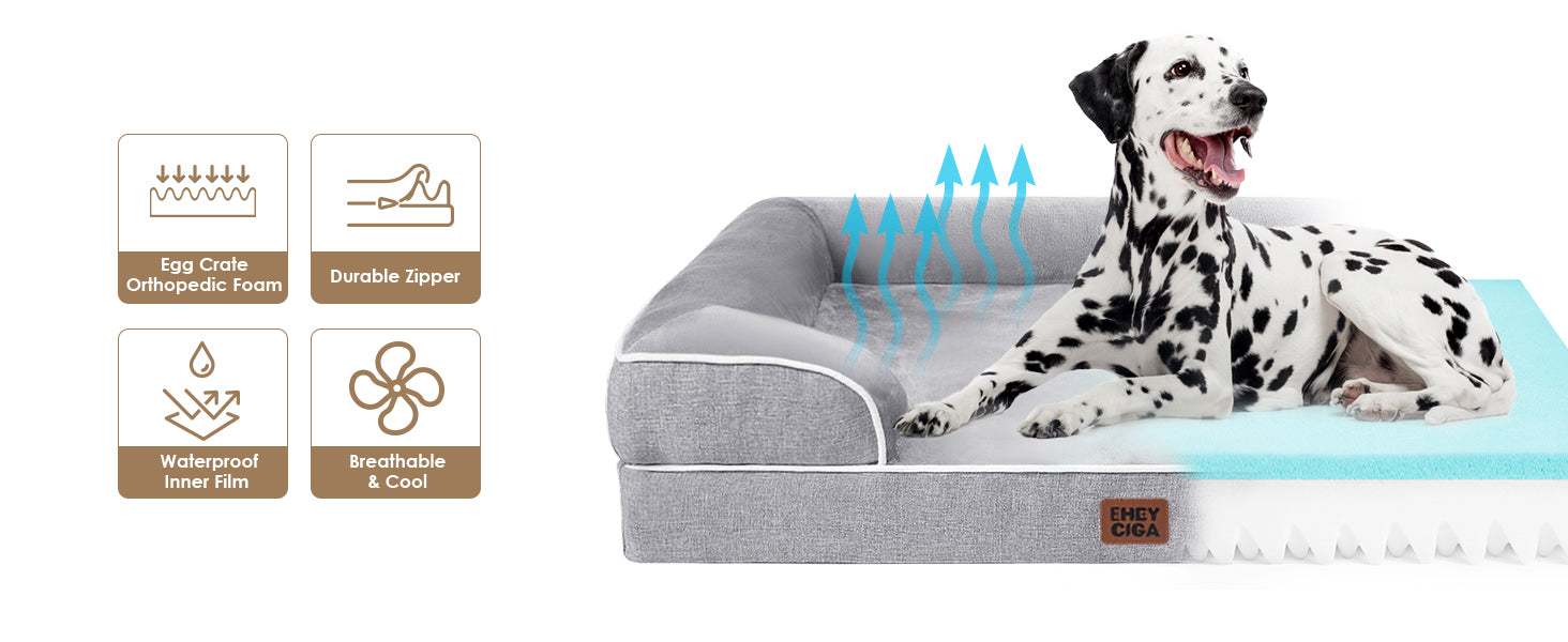 EHEYCIGA Orthopedic Dog Beds Large Sized Dog, Waterproof Memory Foam Pet Bed with Sides, Non-Slip Bottom Large Pet Bed with Washable Removable Cover, Grey - Non-Slip Bottom and Egg-Crate Memory Foam XL Dog Couch Bed with Washable Removable Cover, Grey