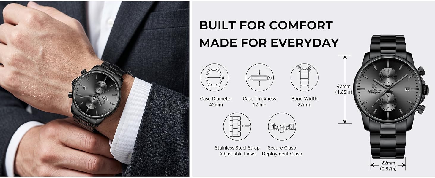 GOLDEN HOUR Fashion Business Mens Watches with Stainless Steel Waterproof Chronograph Quartz Watch for Men, Auto Date