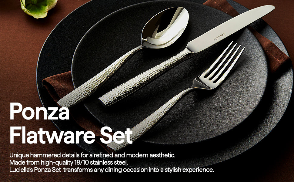 LUCIELLA 45-Piece Hammered 18/10 Forged Silverware Set and serving utensils - Stainless Steel Flatware Set, Dishwasher Safe, Service for 8, Forks and Spoons, Gift-ready Packaging for Housewarming (Ponza)